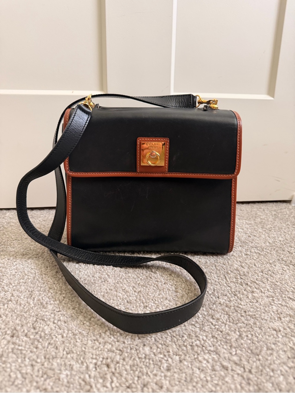 Authentic Celine black and brown leather crossbody shoulder bag